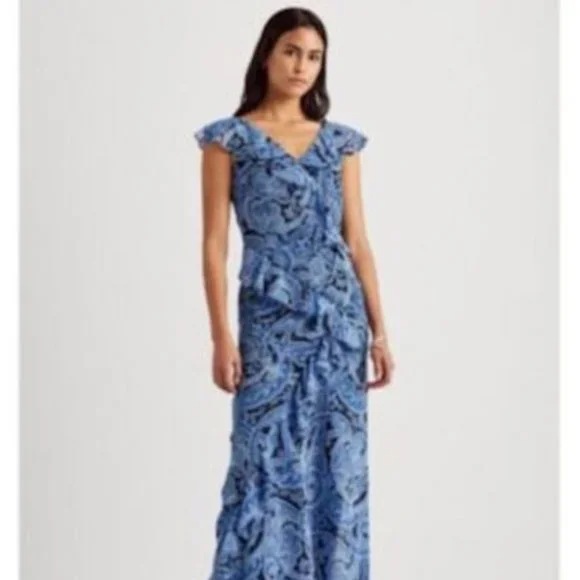 sachin and babi light blue dress Lauren Ralph Lauren Women's Ruffle-Trim Metallic Chiffon Gown